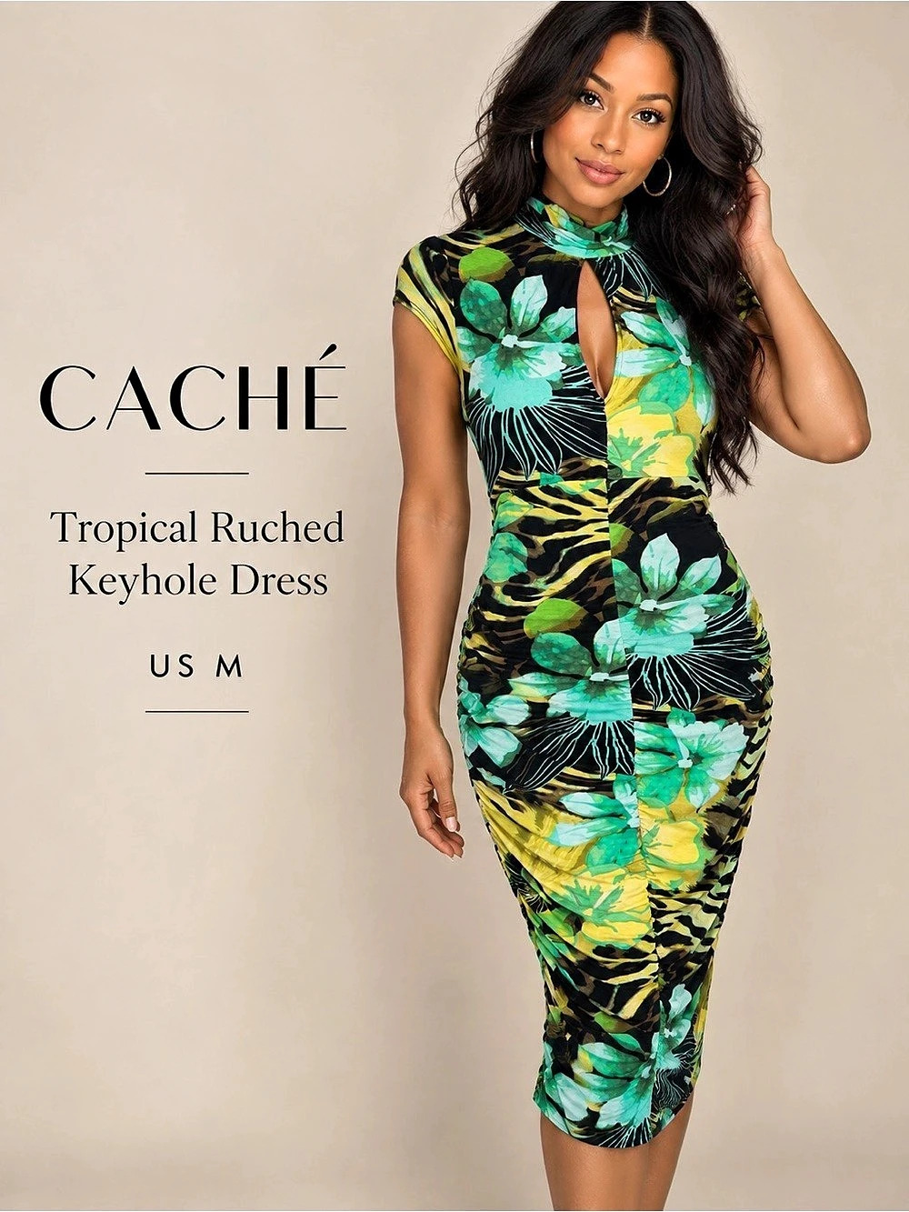 Caché Y2K Tropical Floral Ruched Keyhole Bodycon Dress M